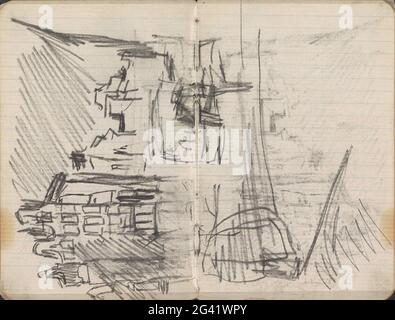 Vue à l'angle de Paleisstraat et de Nieuwezijds Voorburgwal à Amsterdam. Vu au Spuistraat. A l'avant, un tramway à cheval. Page 11 et page 12 d'un carnet de croquis de 37 feuilles. Banque D'Images