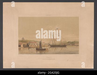 Port de Willemstad ; Curaçao. Lieux de guerre dans le port; Antilles; a apprécié l'Ouest de Neerland. Vue sur la partie du port de Willemstad où les navires de guerre s'amarrer. Il y a également indiqué sur le dossier: Belvedere, cour du HR. Van der Meulen et fort Nassau. L'impression fait partie d'un dossier comportant dix-sept lames. Banque D'Images