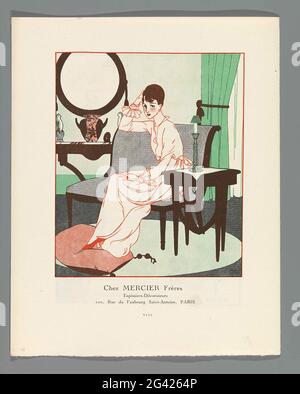 Gazette du bon ton, 1914 - no 5, p. VIII: Publicité Mercier Brothers. Publicité "chez Mercier Frères", arbres capitonnés, Paris. Jeune femme à Homejapon, assis dans un intérieur, pieds nous avons l'oreiller. PAG. VIII de la Gazette du bon ton 1914, non 5. Banque D'Images