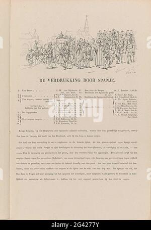 Utrechtse Masquerade de 1851: Tyrannie espagnole en 1567; la tribulation de l'Espagne; esquisse, déclaration et explication de la mascarade. Épisode du début de la guerre des quatre-vingts ans, 1567. Avec la légende 1-20 avec les noms des élèves et sous un texte sur l'événement proposé. Partie de la brochure avec huit représentations réduites des huit tirages de la série de la Mascarade des étudiants d'Utrecht, 25 juin 1851. La Mascarade dépeint huit épisodes de l'histoire nationale en scènes. Banque D'Images