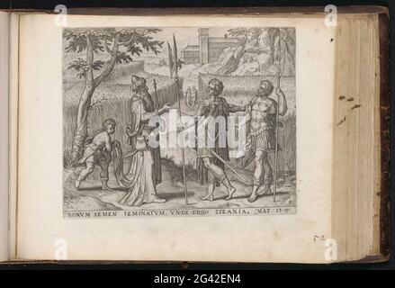 Le propriétaire inspecte les champs; Leeringhe Iesu par Gelyckenissen; parabole de la personne; Den Grooten Figer Bibel (...). Les serviteurs, tous deux avec un halberd en main, demandent au propriétaire ou ils doivent peser les mauvaises herbes entre les grains. Le propriétaire fournit une réponse que le grain et les mauvaises herbes doivent continuer à croître jusqu'à la récolte. Un garçon tient le tapis du propriétaire. Sous la montre une référence en latin au texte de la Bible dans mat. 13:27. Cette impression fait partie d'un album. Banque D'Images