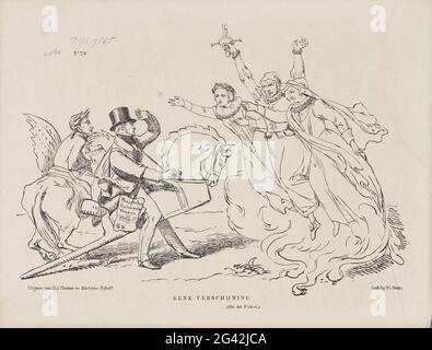 Caricature à A.C. Kruseman et ses 'femmes historique', 1860; UNE apparition. Caricature sur la publication de A.C. Kruseman du livre "Historical Women: Dulling album" de A.J. Le taureau dans lequel aucune femme hollandaise ne se trouve. L'éditeur et un poète qui se déplace sur le cheval de capot de Pegasus sont arrêtés par les esprits de Kenau, Maria Tesselscade et Maria van Utrecht, la veuve de Johan van Oldenbarnevelt. Plaque parue au Weekblad de Nederlandsche Spectator, no 28, 14 juillet 1860. Banque D'Images