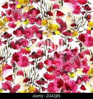 motif aquarelle sans couture avec fleurs de chrysanthème jaunes et roses Banque D'Images