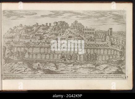 Palatijn et le Cirque Maximus à Rome; travaux de construction de l'antiquité; I Vestigi dell'Antichità di Roma Raccolti et Ritratti à Perspettiva da Stefano du Perac Parisino. Vue sur les ruines du Palatin à Rome. Au premier plan, le Circus Maximus sert ici de jardin. Légende en italien. L'impression fait partie d'un album. Banque D'Images