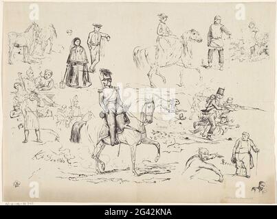 Soldat à cheval et d'autres études de figure. Autour du cavalier des études d'une femme avec le manteau, un chien de course, un soldat attaquant, un homme avec un bâton de marche, des chevaux, une Amazonie et un chevalier. Banque D'Images