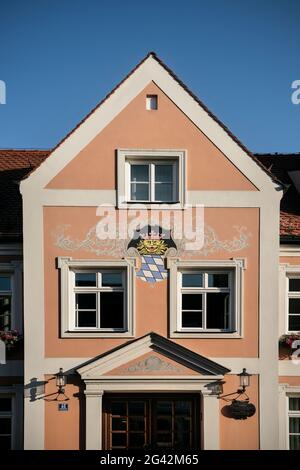 Armoiries en tant que murale sur la mairie, Rain am Lech, le quartier Donau-Ries, la Bavière, le Danube, Allemagne Banque D'Images