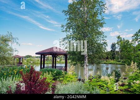 Paysage idyllique (jardin) de birches russes et étang e dans la datcha prospère près de Moscou dans l'oblast de moscou. L'été en Russie: Les arbres de bouleau et Banque D'Images