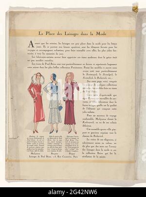 Art - Goût - Beauté, Feuillets de l'élégance Féminine, MAI 1931, no 129, 11e Année, p. 32. Texte 'la place des Lainages Dance la mode' avec une image de trois femmes en vêtements fabriqués à partir des tissus de laine de Paul Brion. De gauche à droite : Reismantel de Molyneux, Sporty Jap de Bruyère et après-midi juke de Premet. Page du Modelijdschrift Art-Goût-Beauté (1920-1933). Banque D'Images