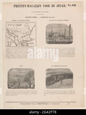 Europic Turquie. - 10,000,000 habitants; entrepôt d'impression pour les jeunes; Géographie. Fiche avec 4 spectacles sur Europic Turquie avec une carte et des lieux et figures importants: Une place à Constantinople, Berat et une caravane moldave. Au-dessus de chaque montre un titre et sous chaque performance une légende. Numéroté en haut à droite: N° 183, numéroté en bas à droite: (8.). Banque D'Images