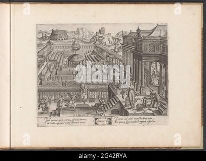 Âge de 16 à 32 ans; l'ordre corinthien; un 16 USQ [UE] AD AN 32 / 2. Corinthia; six âges de l'homme / six ordres de construction; Theatrum Vitæ Humanæ. Jardin intérieur clos avec un labyrinthe. Au milieu un arbre avec une fontaine. Les jeunes se divertissent dans le labyrinthe : ils jouent de la musique, marchent ou s'exercent dans les combats d'épée. Au premier plan, les anges mènent les jeunes hommes à une maison où divers arts sont pratiqués, comme la sculpture et la peinture. La maison est construite dans l'ordre Corinthien. Dans la marge, un texte de quatre lignes dans deux colonnes, en latin. L'impression fait partie d'un album. Banque D'Images