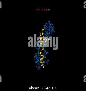 Carte du drapeau de la Suède, motif de particules chaotiques dans les couleurs du drapeau suédois. Illustration isolée sur fond noir. Banque D'Images