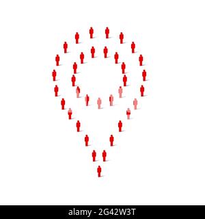 La foule humaine en forme de marqueur d'épingle de carte. Grand groupe de personnes. Figure rouge icônes simples. Illustration. Banque D'Images