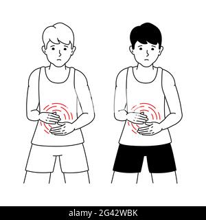 Illustration vectorielle d'un type souffrant de douleurs abdominales dans isolation sur fond blanc Banque D'Images