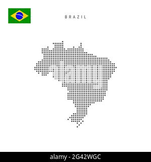 Carte à motif points carrés du Brésil. Carte des pixels en pointillés brésiliens avec drapeau national isolé sur fond blanc. Illustration. Banque D'Images
