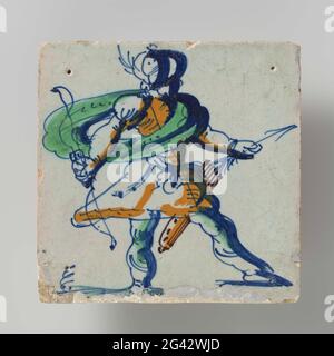 Mosaïque avec Sagittaire. Tuile multicolore (bleu, orange, violet et vert) Saracene Sagittaire, tirant une flèche hors de sa manche de flèche. Banque D'Images