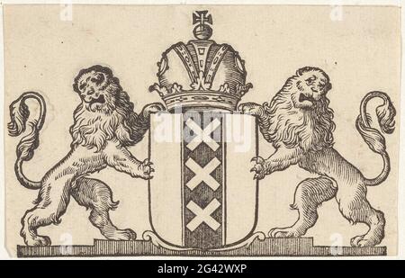 Vignet aux armoiries de la ville d'Amsterdam. Les armoiries de la ville d'Amsterdam avec une couronne, deux lions et trois croix d'Andrew. Banque D'Images