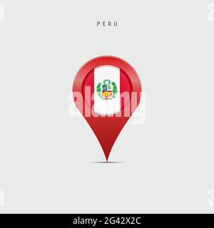 Marqueur de carte en forme de goutte d'eau avec drapeau du Pérou. Drapeau péruvien inséré dans la broche de la carte de localisation. Illustration isolée sur fond gris clair. Banque D'Images