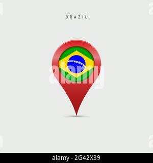 Marqueur de carte en forme de goutte avec drapeau du Brésil. Drapeau brésilien inséré dans la broche de la carte de localisation. Illustration isolée sur fond gris clair. Banque D'Images
