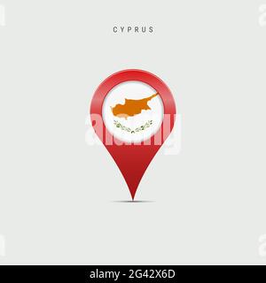 Marqueur de carte en forme de goutte d'eau avec drapeau de Chypre. Drapeau chypriote inséré dans la broche de la carte de localisation. Illustration isolée sur fond gris clair. Banque D'Images