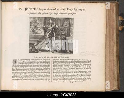 Joseph et la femme de Potifar; des procès de Joseph par Aenlockingh des Vleesch; Den Grooten Emblemata Sacra, composé de plus de quatre cents de figures de Belsche, comme des anciens comme des Nieuwen Testaments. Joseph debout dans un intérieur. Son chapeau est à côté de lui sur le plancher. Sur la gauche un chien. En arrière-plan la chambre à coucher vrai Joseph loin de la femme de Potifar. Elle saisit son manteau. Le texte d'accompagnement commence par une petite décoration initiale T. en outre, une devise en latin et en néerlandais: Qui choisit le meilleur à Geeer, gagne Alende plus qu'il ne perd. Le magazine fait partie d'un album. Banque D'Images