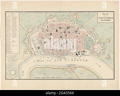 Plan d'Anvers et de la Citadelle, 1830; Plan de la ville et Citadelle d'Anvers. Carte de la ville d'Anvers avec la citadelle, après le bombardement par les Hollandais le 27 octobre 1830. À l'Escaut, les positions des frégates et des canonnières néerlandaises sont indiquées. Légende 1-100 à gauche dans un cadre. Banque D'Images