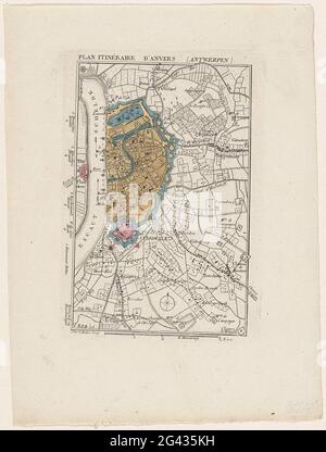 Carte d'Anvers et de la Citadelle, 1830; Plan itinéraire d'Anvers (Anvers). Carte de la ville d'Anvers avec la citadelle, au moment du bombardement d'Anvers, le 27 octobre 1830. Sur le fleuve, les navires de guerre hollandais sont indiqués, laissés dans la marge sont énumérés sur leur nom. Au bas de la légende 1-32 et deux coupes de la citadelle. Banque D'Images