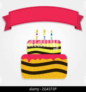 Bannière joyeux anniversaire décorée d'un gâteau coloré. Ruban rouge avec espace vide pour écrire du texte. Design épuré Illustration de Vecteur