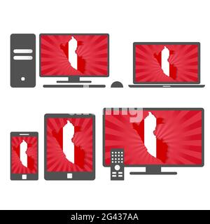 De nombreux périphériques (tablette, pc, téléphone portable, ordinateur portable, Smart tv) avec la carte et le drapeau du Pérou. Illustration de Vecteur