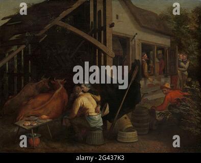 Couples faisant l'amour dans UN Country Inn. Deux minutes de couples dans une auberge. Sur la gauche se trouve un couple amoureux derrière un tissu à la vache, sur une table couchant des sandwiches, des cuillères et un bol. Juste derrière une superbe portillon embrassant un homme et une femme. Au milieu, un homme qui fait des braquages s'affaissement entre les buissons. D'autres clients peuvent être vus par les fenêtres de l'auberge. Banque D'Images