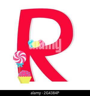 Lettre 'r' de l'alphabet stylisé avec bonbons: lollipop, comprimés sucreries, brigadeiro. Arrière-plan blanc. Illustration de Vecteur