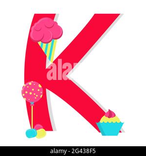 Lettre 'k' de l'alphabet stylisé avec bonbons : lollipop, crème glacée, comprimés de bonbons. Arrière-plan blanc. Illustration de Vecteur