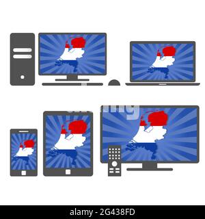 De nombreux périphériques (tablette, pc, téléphone portable, ordinateur portable, Smart tv) avec la carte et le drapeau des pays-Bas Illustration de Vecteur