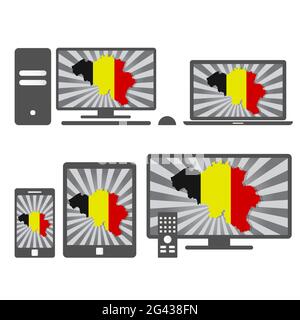 De nombreux périphériques (tablette, pc, téléphone portable, ordinateur portable, Smart tv) avec la carte et le drapeau de la Belgique Illustration de Vecteur