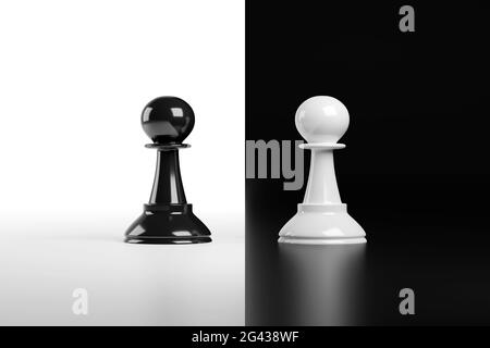 Face aux pions d'échecs isolés sur fond noir et blanc. illustration 3d. Banque D'Images