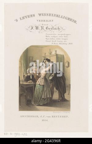 Embrassant la femme et l'homme; page de titre pour: J.w.n. Gerlach, vie de volatilité, 1856. Un homme et une femme plus âgée s'embrassent. À gauche, regardez une vieille femme assise et une jeune femme au couple. Banque D'Images