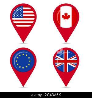 Cartes icônes de drapeaux nationaux: etats-unis, canada, europe, Union européenne, royaume-uni. Arrière-plan blanc. Illustration de Vecteur