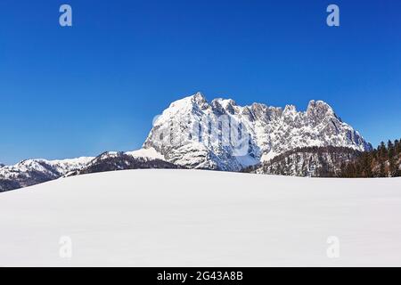 Wilder Kaiser avec prairie enneigée en premier plan, St. Johann in Tirol, Alpes de Kitzbühel, Autriche Banque D'Images