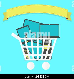 Panier plein d'électronique: Tablette, smartphone, ordinateur portable, tv. Ruban vierge pour insérer du texte. Illustration de Vecteur