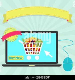 Acheter un panier plein de fruits et légumes en ligne par ordinateur portable. Œuvres d'art colorées. Ruban et tampon vierges pour insérer du texte. Illustration de Vecteur