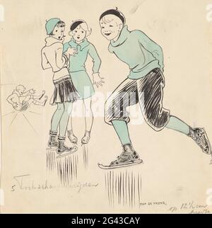 Garçon patinant le long de deux filles. Un garçon skate souriant le long de deux filles debout sur la glace et le regardant. En arrière-plan, un garçon se tient avec ses fesses sur la glace. Banque D'Images