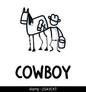 Dessin noir et blanc de bâton figure de cowboy lavage cheval texte. Homme sauvage stable de campagne pour le rodéo monochrome icône représentant une note d'esquisse ou illustrée Illustration de Vecteur