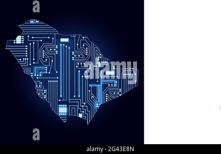 Carte de contour de l'Arabie Saoudite avec un circuit électronique technologique. Illustration de Vecteur