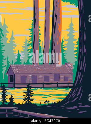 Affiche WPA de Mariposa Grove Cabin avec General Grant et General Sheridan Tree situé dans le parc national de Yosemite, Californie, États-Unis d'Am Illustration de Vecteur