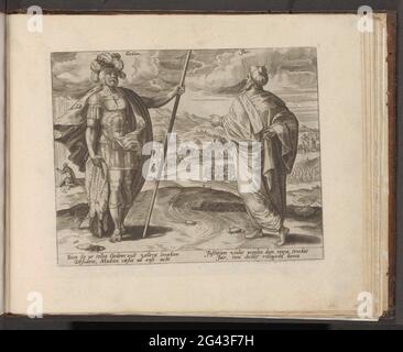 Gideon et Jain; les douze juges d'Israël; Icones 12 Judicum Israel (...); Thesaurus Sacrarum HistoriaRu [M] Veteris Tétame [N] Ti, Elega [N] Tissimis Exinibus Expir [M] Imagle [N] Tissimoru [M] In Hac Arte Lulu [M] Opera [M] [M] [M] Vioru [M] [M] [M] [M] Les juges Gideon et Jain. Gideon tient la peau de mouton à la main. En arrière-plan, Gideon prie la peau de mouton et la rosée sur la peau de mouton. Dans le paysage, les hommes s'agenouillent dans une rivière pour boire. Jain pointe vers le paysage. Ses trente fils sont chacun à bord d'un étalon d'âne. Sous le montrer les textes explicatifs en latin. L'impression fait partie Banque D'Images