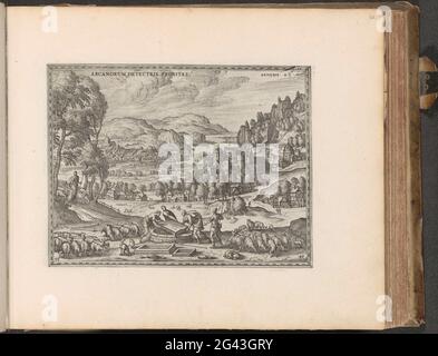 Jacob roule la pierre de la pierre; Arcanorum detectrix probitas; imagines et Figurae biblioum; Den Grooten Emblemata Sacra, composé de plus de quatre cents par des figures de Belsche, aussi vieux que des Nieuwen Testaments. Paysage avec une rivière. Jacob et les hommes de la place voisine Haran retirent la pierre du puits pour Rachel, la fille de Laban, afin qu'elle puisse laisser son cheptel de pères boire. Sur la gauche se trouve Rachel avec le troupeau (général 29:10). L'impression fait partie d'un album. Banque D'Images