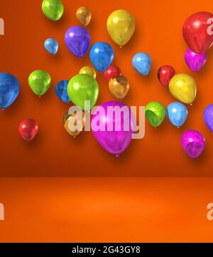 Des ballons colorés se regroupent sur fond de mur orange Banque D'Images