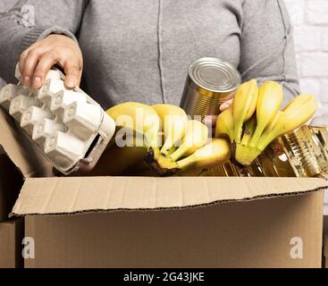 La femme recueille la nourriture, les fruits et les choses dans une boîte en carton Banque D'Images