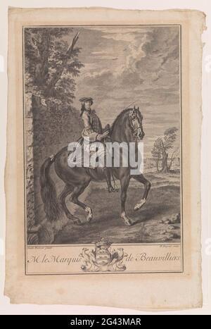 Portrait équestre de Monsieur le Marquis de Beauvilliers. Portrait d'un homme à cheval, le cadre de la piaffe. Sur la gauche un mur, en arrière-plan un paysage vallonné avec un par bâtiments et un arbre mort. Sous l'image, le titre et la couronne de la famille Beauvilliers entre deux aigles. Depuis : l'Ecole de Cavalerie par François Robichon de la Guerinière. Banque D'Images