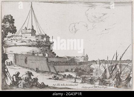 Castel Sant'Angelo et le Ponte Sant'Angelo à Rome; diverses figures; VARIES. Castel Sant'Angelo (Engelenburcht) et le Ponte Sant'Angelo (Engelenbrug) à Rome. Homme tiroirs et décharger les bateaux qui sont amarrés. Au premier plan à gauche, deux pèlerins avec leurs enfants. Banque D'Images