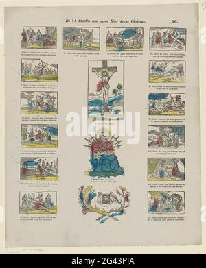 Les quatorze déclarations de notre Seigneur Jésus-Christ. Feuille avec 17 représentations de la passion du Christ, la réduction de la croix, la tombe et la sueur de Veronica avec la statue du Christ. En néerlandais. Sous chaque performance une légende. Numéroté en haut à droite : 56. Banque D'Images